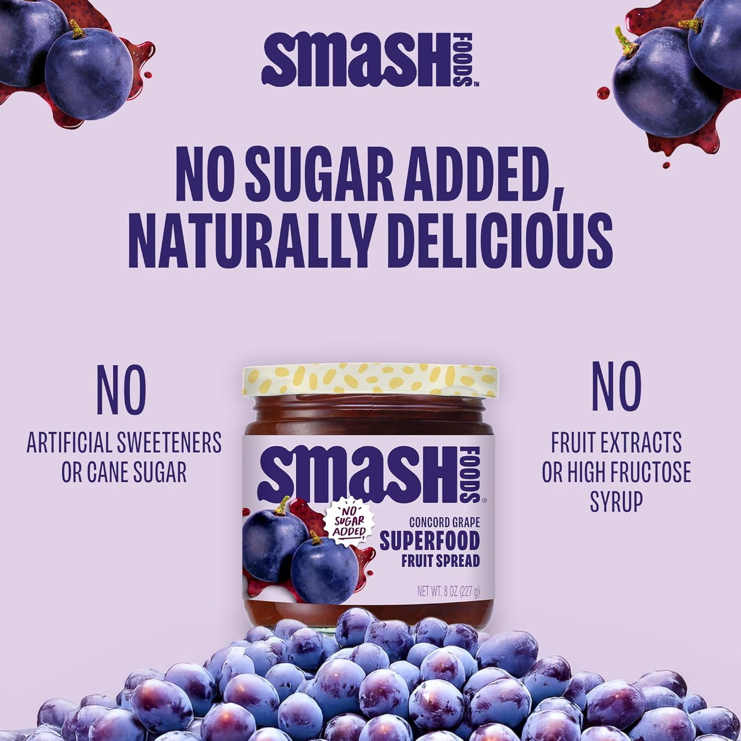Smash Foods, Grape Jam, No Sugar Added, Low-Calorie, Vegan (1 Jar)