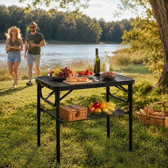 3-Height Folding Picnic Table with Large Storage Net, Handle, Aluminum Pipes, Black