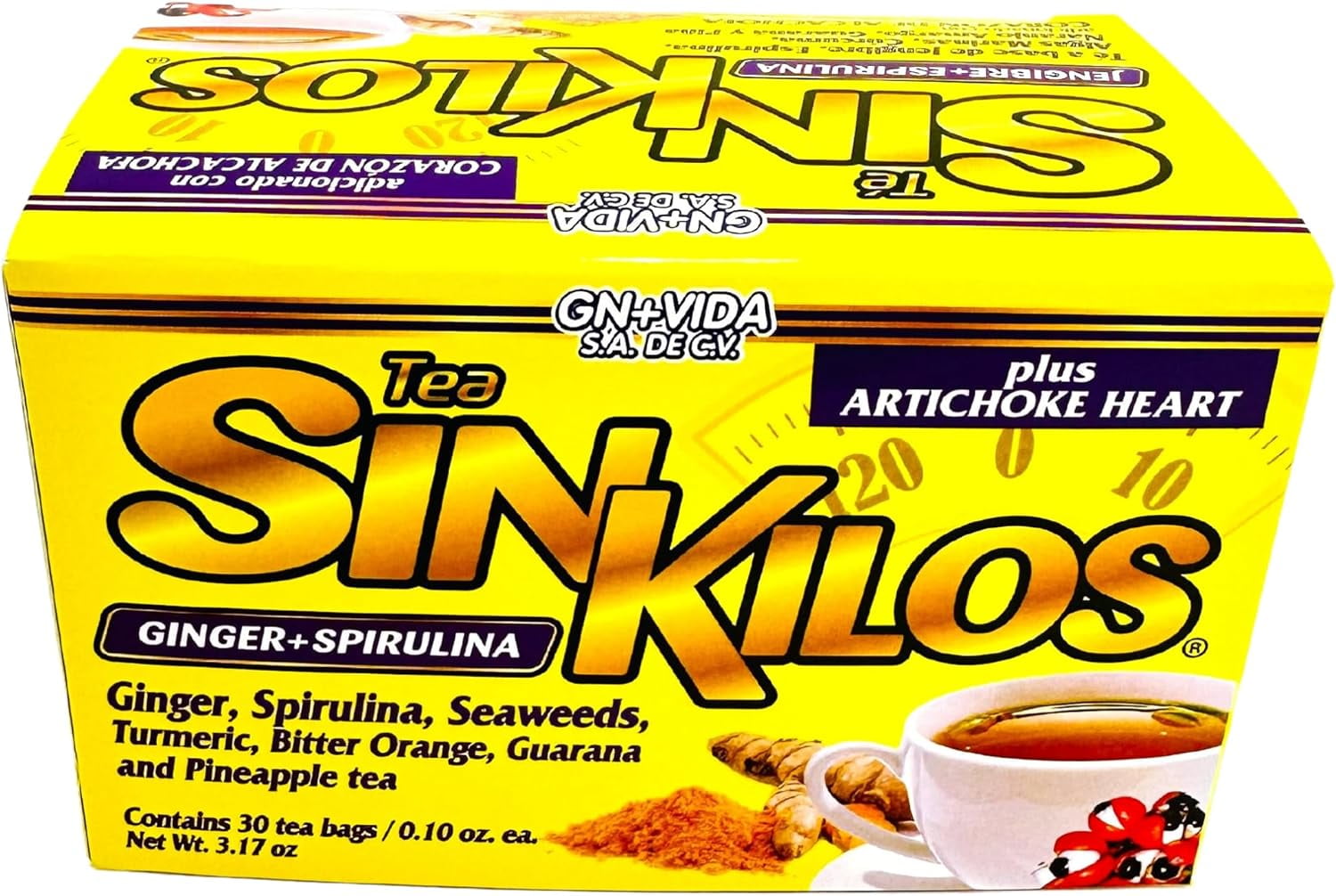 SinKilos Detox Tea GN+Vida Powerful Cleansing Tea with Ginger, Spirulina, Turmeric Orange and Pineapple Healthy Antioxidant Formula, Caffeine Free All Natural Digestive Te Panza y Grasa Herbal