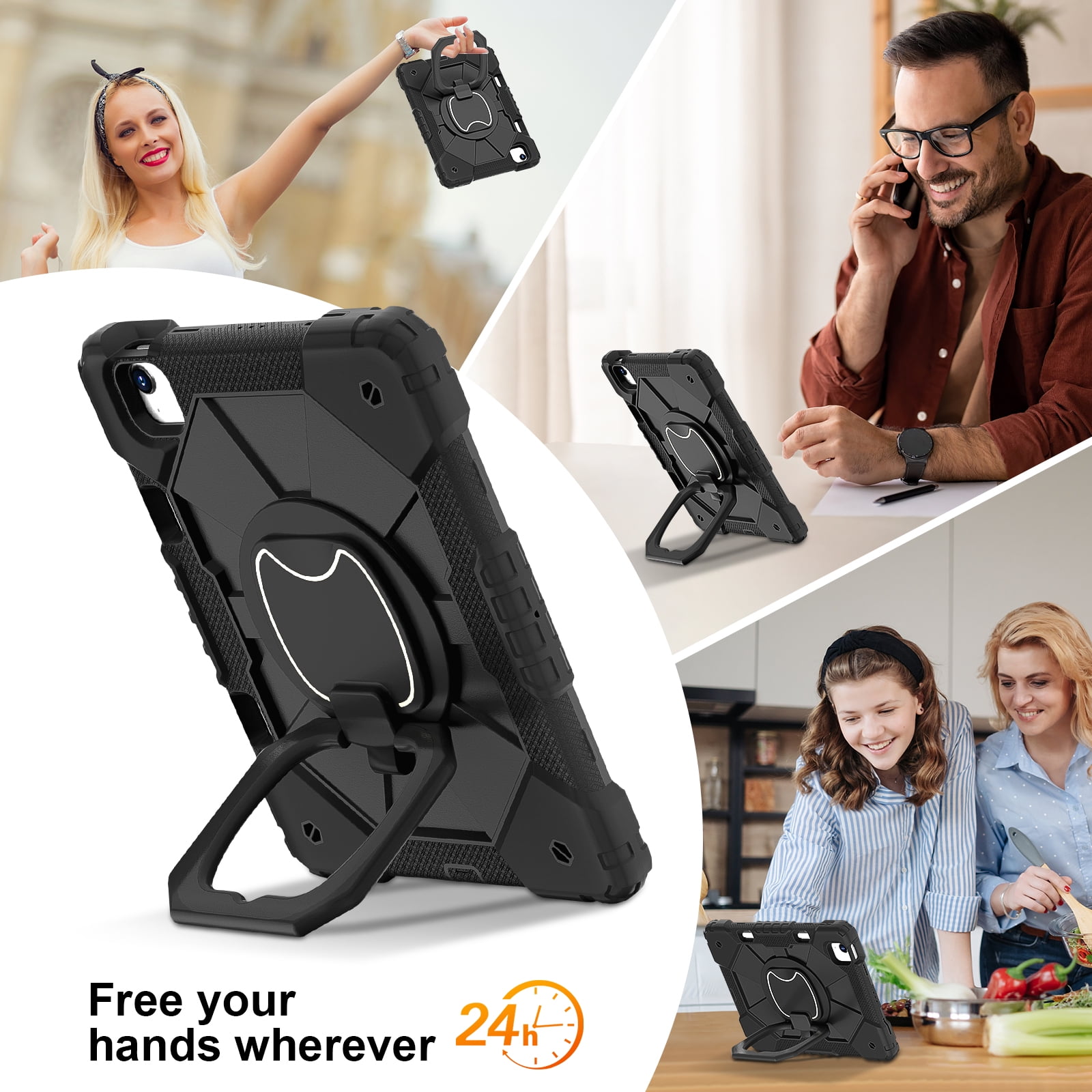 Dteck with Pencil Holder Case for iPad Air 13 inch 2025/2024,Heavy Duty Silicone Case 360 Degree Rotating Handle Stand Cover with Shoulder Strap for iPad Air 13-in. M3/M2,Black