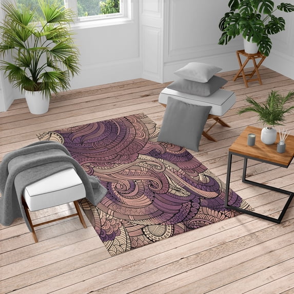 Abstract Turkish Area Rug, Ocean Inspired Graphic Paisley Pattern Swirled Hand Drawn Art Print, Soft Carpet for Living Room Decor with Distressed Look, 4' X 5.7', Eggplant Peach, by Ambesonne