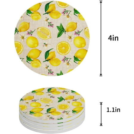 

ZHANZZK Summer Watercolor Lemon Vintage Style Set of 4 Round Coaster for Drinks Absorbent Ceramic Stone Coasters Cup Mat with Cork Base for Home Kitchen Room Coffee Table Bar Decor