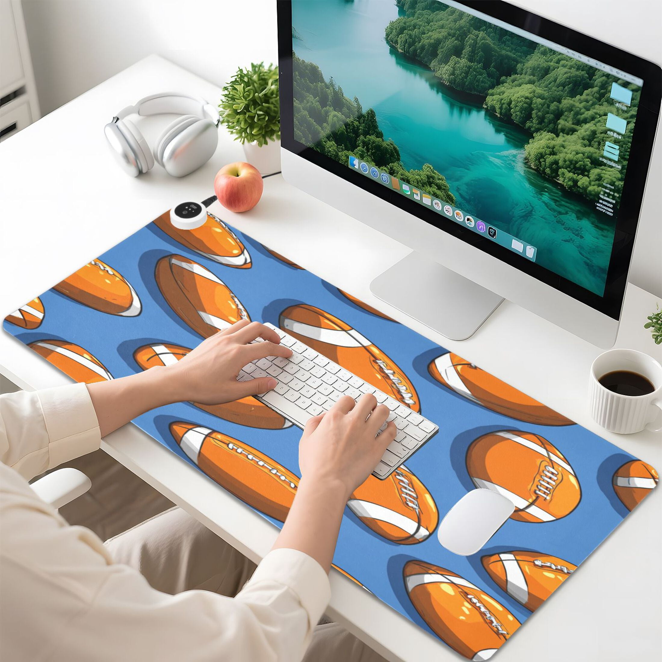 Large Heated Desk Mat Mouse Pad 31.5"x13"PU Leather Graphene Heating Desk Warmer with 3 Temperature Settings 110V US Plug Non-Slip Warm Pad for Home, Office, and Gaming Dark Blue Background Rugby