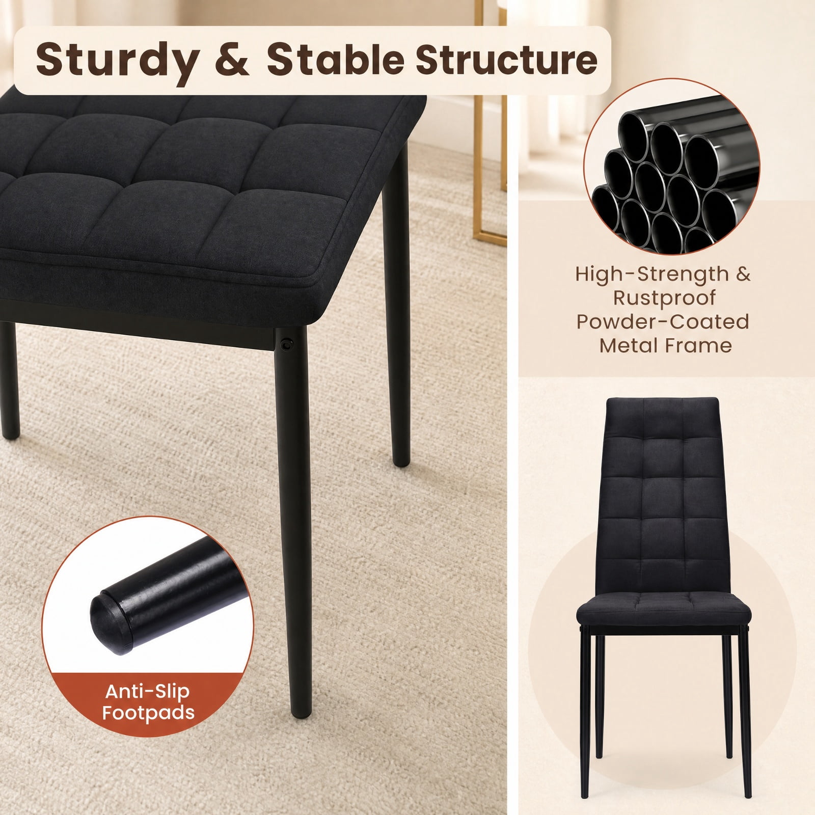 Furnibear Upholstered Dining Chairs Set of 4 with Padded Fabric Cushion and High Back for Kitchen and Dining Room Seating, Black