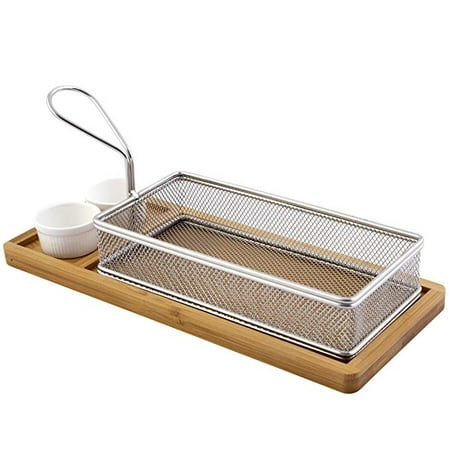 Sterling Fish Serving Set Yukon Glory YG-605 Magnificent Chip & Dip Serving Basket Bamboo Board and Sauce Cup Set for French Fries Fried Fish and More ()