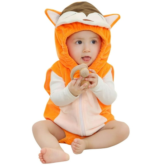Odeerbi Infant Boys Girls Clothes Animal Dress Up Clothes Winter Fleece Thermal Rompers Fox Hooded Jumpsuits Baby Crawling Suit Long Bodysuit Baby Newborn Onesie Orange