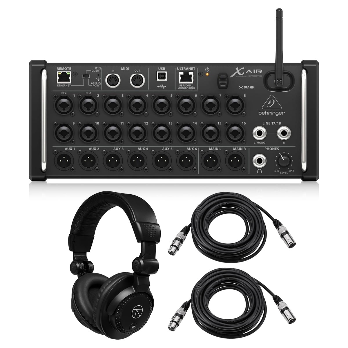 Behringer XAir XR18 18-Channel 12-Bus Wireless Digital Mixer for iPad/Android Tablet, Bundle with TAPH100 Headphones and 2x 25' XLR Microphone Cable