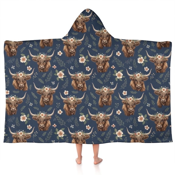 Blue Highland Cow Flower Pattern Hooded Bath Towel,50"x30" for Ages 3 To 12 Kids, Quick Dry Lightweight Soft Microfiber Hood Beach Towel Cover Up for Kids