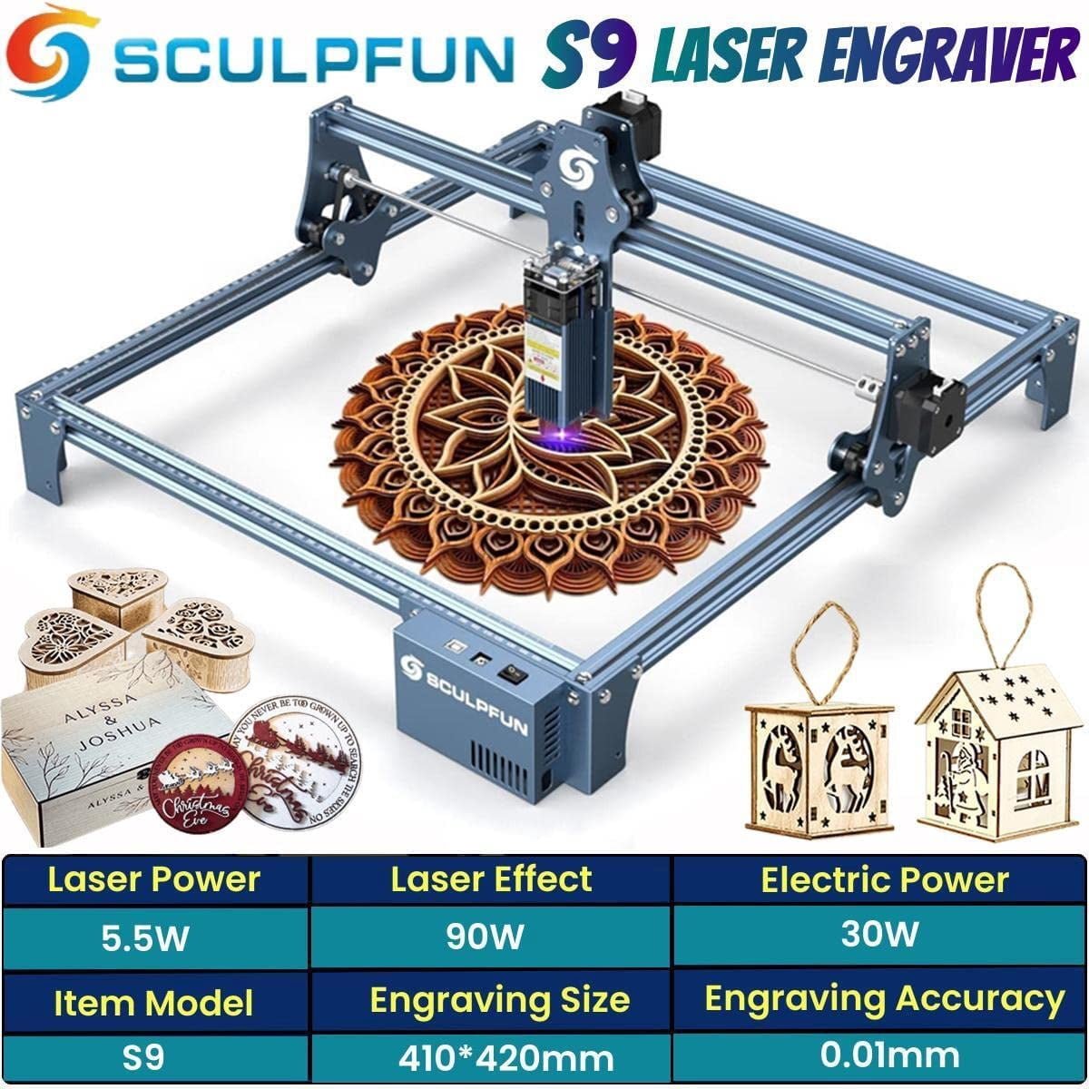 SCULPFUN S9 Engraver, 90W Engraving Machine with Ultra-Thin Compressed Spot, 5.5W Output Diode Cutter for Making Festival Decorations, Desktop DIY Tool for Cutting & Carving