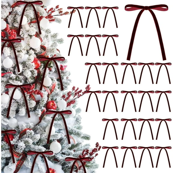 24Pcs Velvet Christmas Bows 5 x 7 Inch Decorative Skinny Ribbon Bows for Xmas Tree, Wreath, Gift Wrapping, Wedding & Home Decor