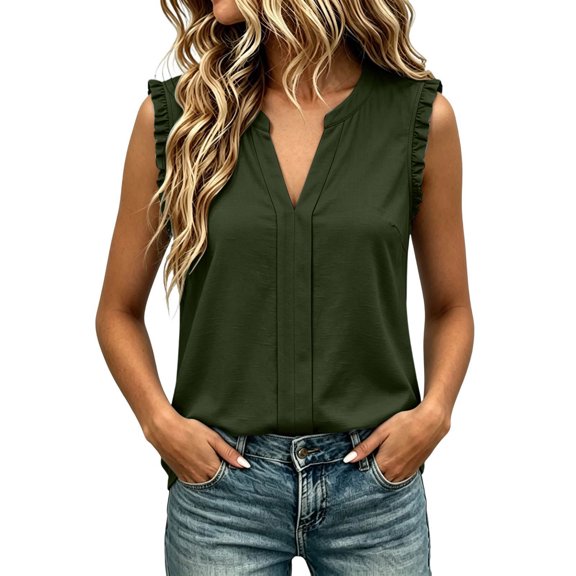 ClodeEU Women's V Neck Ruffle Trim Sleeveless Blouse,Solid Color Casual Tank Top Army Green,Women's Plus L