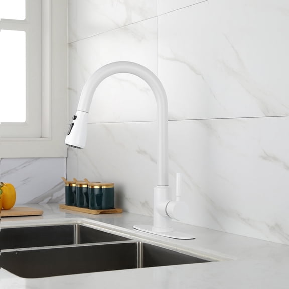 White Stainless Steel Kitchen Faucet with Pull Out Sprayer 3 Spray Settings Single Hole Contemporary Style