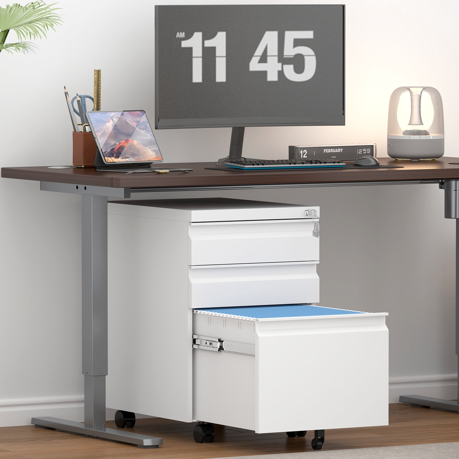 NICEGDLT 3 Drawer File Cabinet on Wheels,25.6" H White Filing Cabinet with Lock,Under Desk Metal File Cabinet for Home Office Organizer Letters/Legal/A4(Fully Assembled)