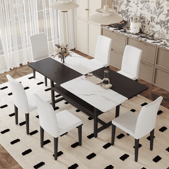 ExtraLco Dining Table Set for 6, White and Black MDF Table with Storage Shelf and Upholstered Chairs for Dining Room