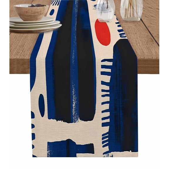 Blue Red Color Block Table Runner 36 Inches, Modern Abstract Geometric Bed Runner Dresser Scarves Tabletop for Indoor Outdoor Parties/Ceremony/Banquet, 13"x 36"
