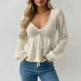 thumbnail image 2 of Fiaer Deep V Neck Sweater for Women Lace up Ruffle Hem Knitted Long Sleeve Loose Fit Comfy Casual Fashion Tops White S, 2 of 5
