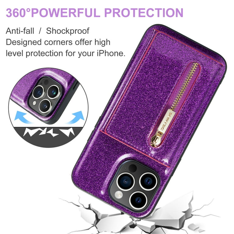 K-Lion for iPhone 15 Pro Wallet Case, Glitter Glossy 2 in 1 Design Zipper  Pocket PU Leather Shockproof Protective Case Card Slots Holder Magnetic  Kickstand Full Phone Case Cover, Darkpurple 