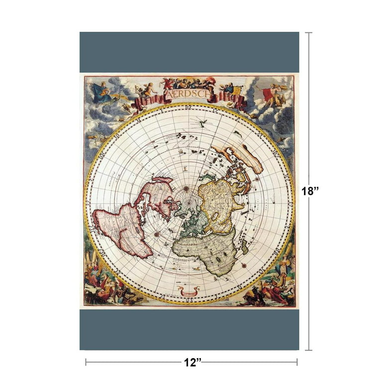 Flat Earth Antique Vintage Travel World Map with Cities in Detail Map Posters for Wall Map Art Wall Decor Geographical Illustration Tourist Travel Destinations Cool Wall Art Print Poster 12x18 -