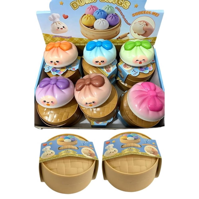 Dumpling Squishies Mystery Box, Colorful Glitter Steamed Bun Stress Ball, Soft Sensory Fidget Toy with Steamer for Kids & Adults, Stocking Stuffer