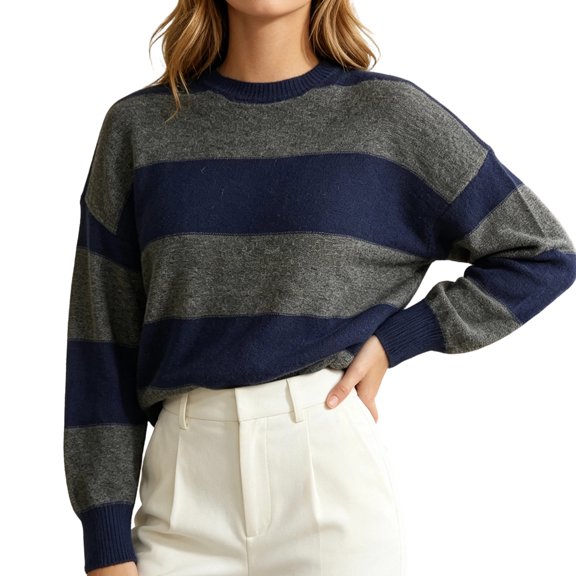 DISKEBUISS Women's Crew Neck Striped Knit Sweater Long Sleeve Loose Fit Color Block Pullover for Casual Fall Jumper