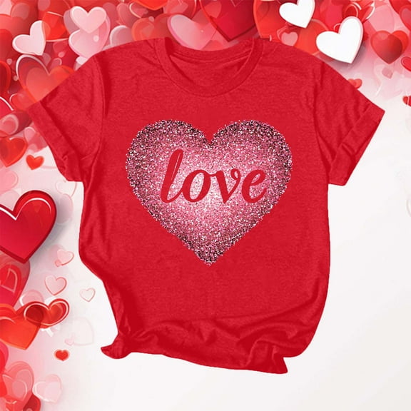 Riecok Valentine's Day Kids Short Sleeve Blouses Crew Neck Toddler Kids Girls Comfortable Shirt Kids Clothes Toddler Kids Girls Casual Loose Shirts Red L