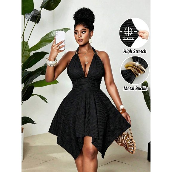 Black High Stretch Halter Neck Dress With Metal Buckle, Asymmetric Hem, Ruched Waist, Backless Design