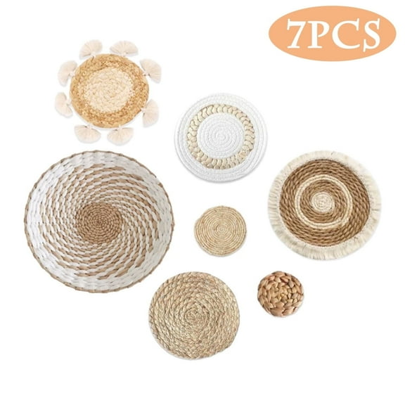 Boho Wall Basket Decor Seagrass Rattan Wicker Wall Decor Handmade Hanging Rustic Elegant Wall Art for Farmhouse Living Room Bedroom Home 7 Pack