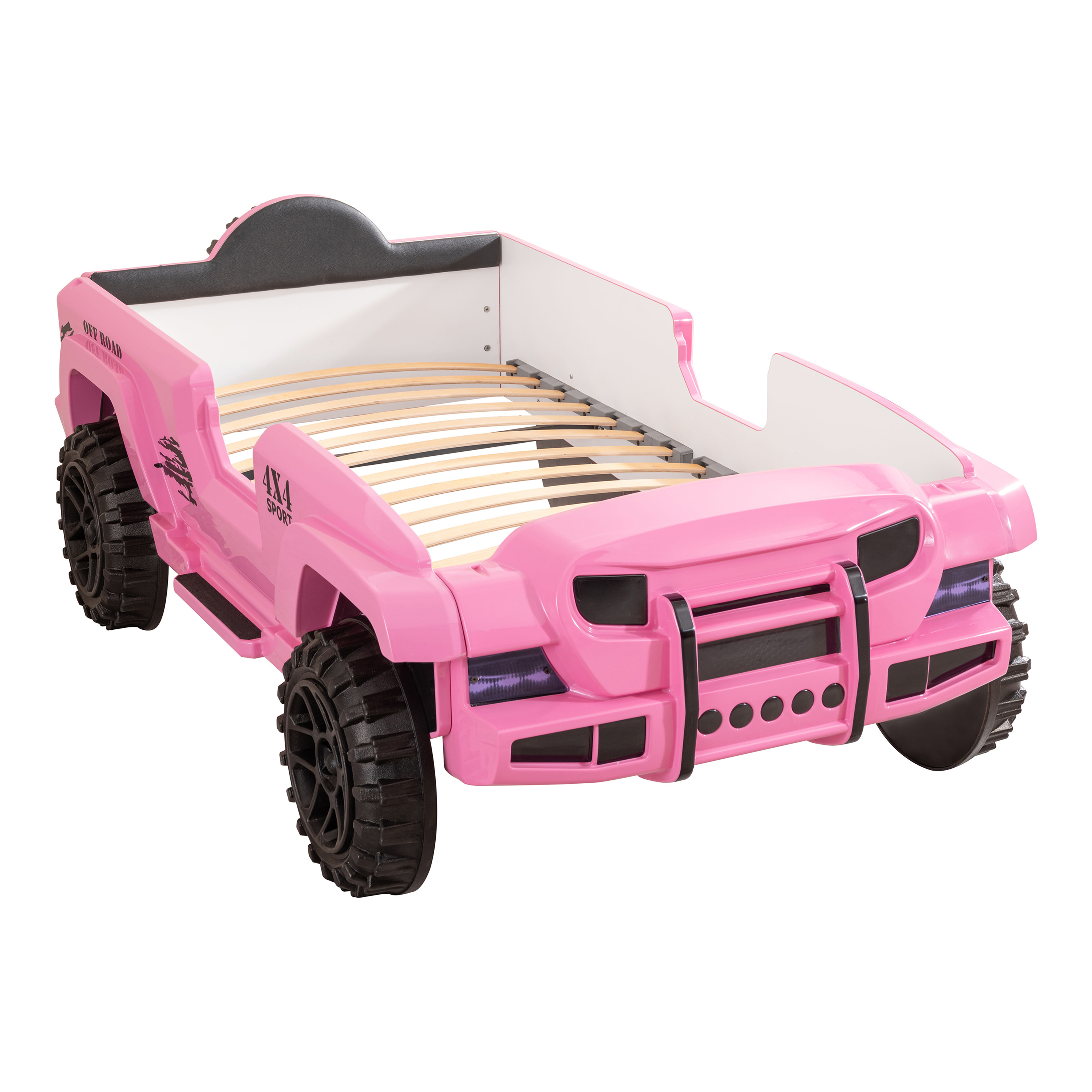 Furniture of America Terra Kids Plastic Twin Off-road SUV Bed with LED and Sound, Pink