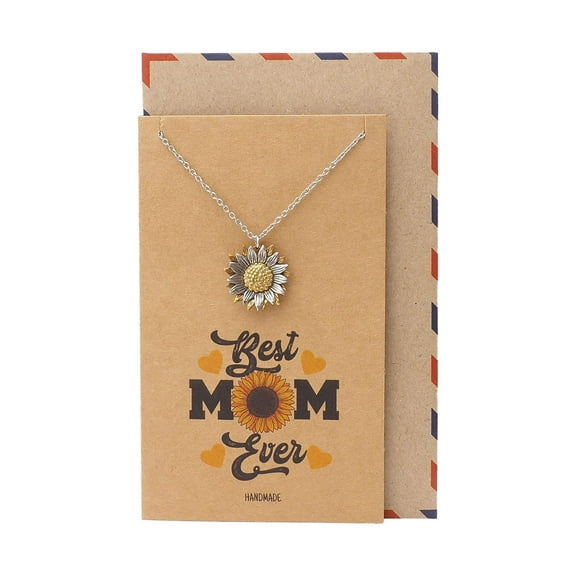 Quan Jewelry Sunflower Necklace for Mom, Mothers Necklace with Inspirational Greeting Card - Two Tone (100% Handmade with Love)