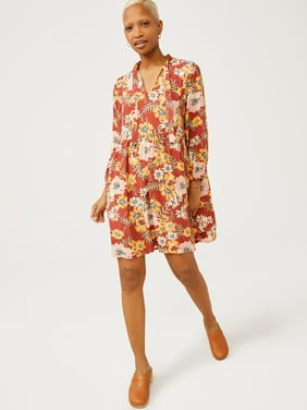 Free Assembly Women's Long Sleeve Swing Dress with Tie Neck
