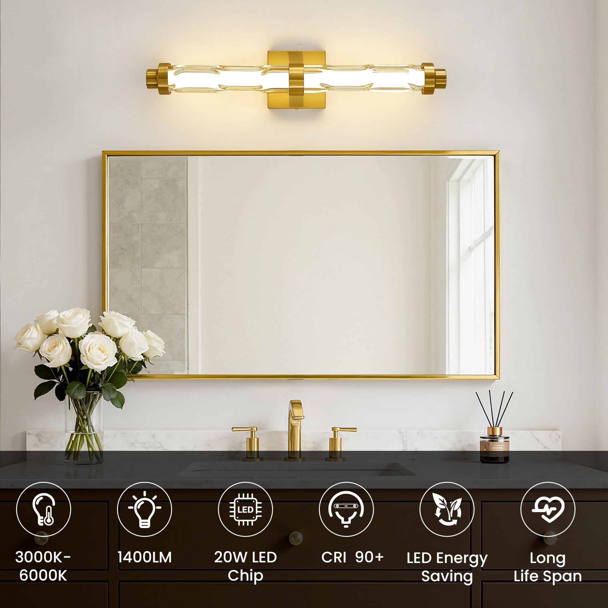 KAISITE 5CCT Modern Dimmable Indoor LED  Glass Wall Sconces, Slide Switch for Warm Light Adjustment, Ideal for Vanity, Hallway and Bedside Areas, Gold