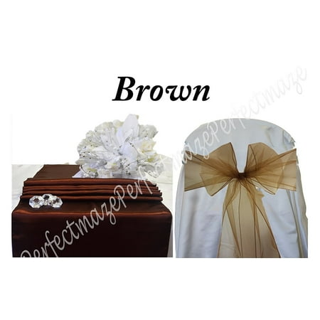 Perfectmaze Brown Satin And Organza Combo Kit 1 Satin Table Runners 5 Organza Chair Sashes For Wedding Party Event Decoration