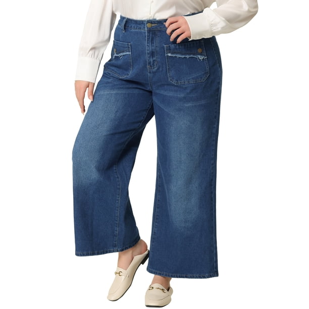 GRACE & GRANDEUR Pantalones de mezclilla para mujer de talla grande, pierna ancha, cintura alta, palazzo desgastado, jeans de moda casual con bolsillos 3X azul medio