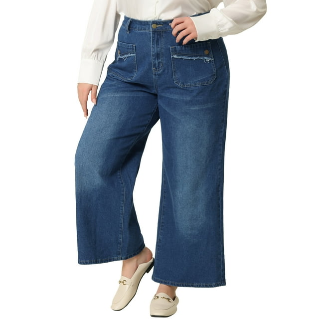 GRACE & GRANDEUR Pantalones de mezclilla de mujer talla grande de pierna ancha, cintura alta, palazzo desgastado, pantalones casuales de moda con bolsillos 2X azul medio