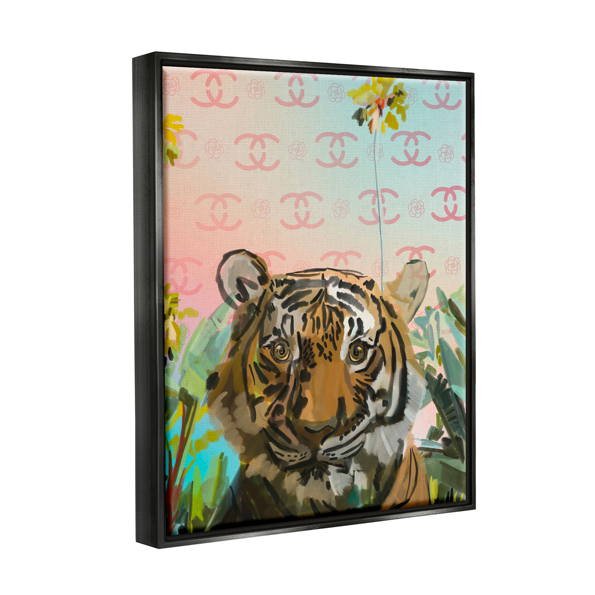 Stupell Industries Glam Tropical Tiger Animals & Insects Painting Black Floater Framed Art Print Wall Art, 25 x 31