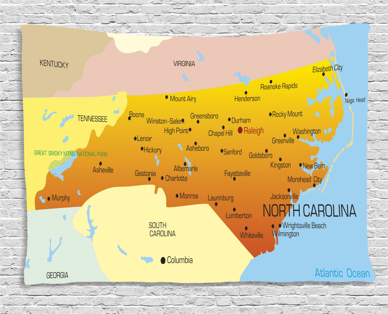 North Carolina Tapestry, Map of An American State by Atlantic Ocean 