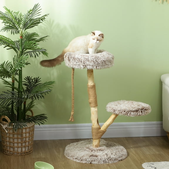 PawHut 35 Inch Moden Cat Tree Tower with Wooden Scratching Post, Brown