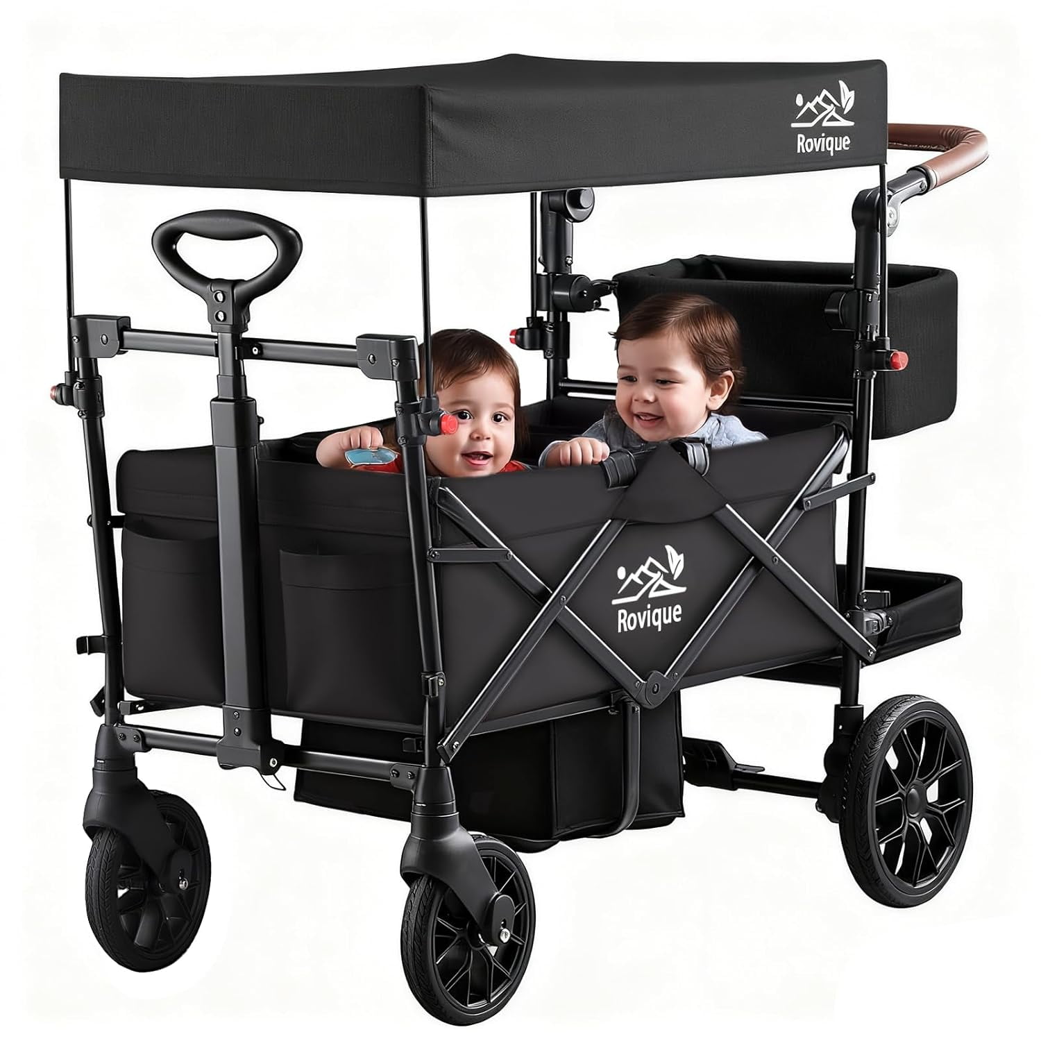 Rovique 2-Seater Foldable Wagon Stroller with Canopy – Double Kids Push Wagon, All-Terrain Wheels, Storage,Harness, Compact Travel Stroller for Toddlers