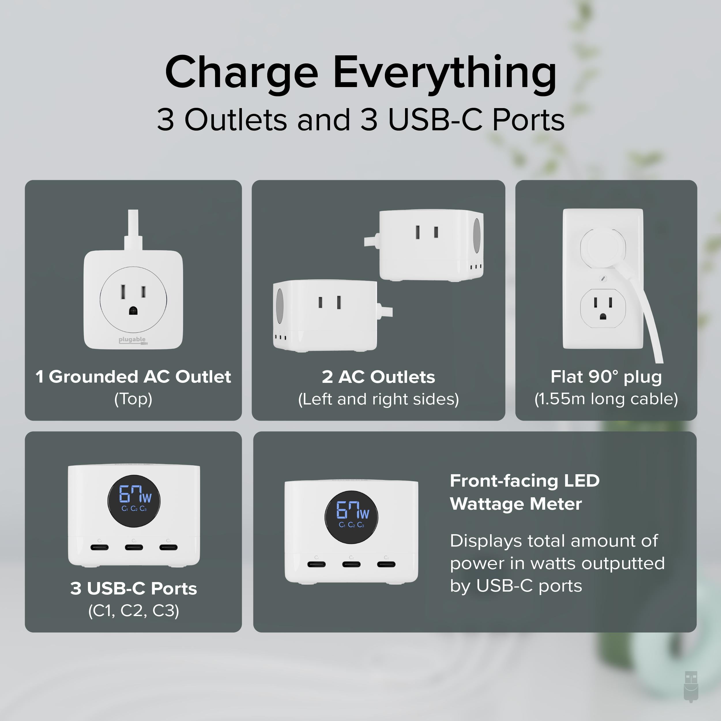 Plugable 67W USB C Power Strip, USBC Charging Station Extension Cord with Multiple Outlets