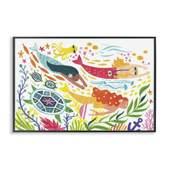 Stupell Industries Underwater Swimming Mermaids Fantasy & Sci-Fi Painting Black Framed Art Print Wall Art, 18 x 12