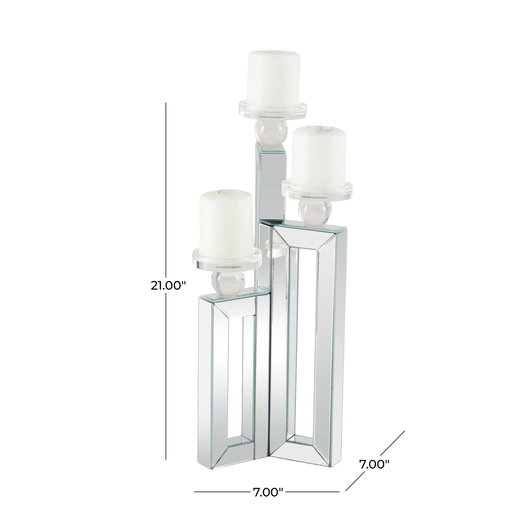 DecMode Glam Wood 3 Plate Pillar Candlle Holder with Silver Beveled Glass Finish, 7"W x 21"H
