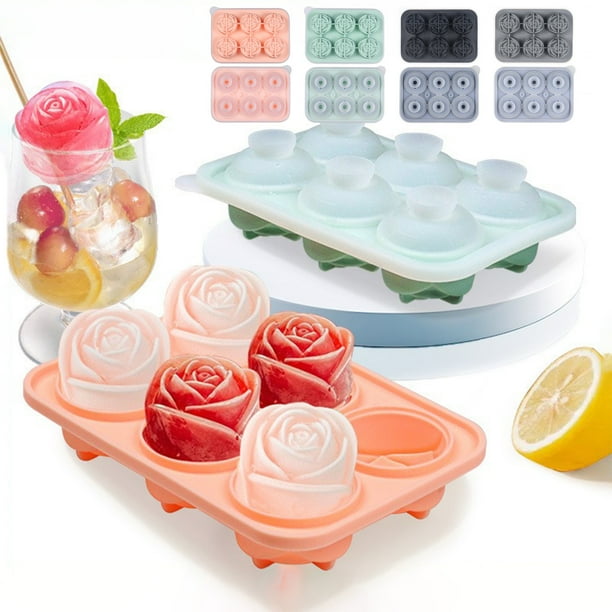 Bandeja de cubitos de hielo de rosa con tapa - molde de silicona en forma de rosa de 1,65 pulgadas para whisky, cócteles, café y agua - rosa, verde, gris