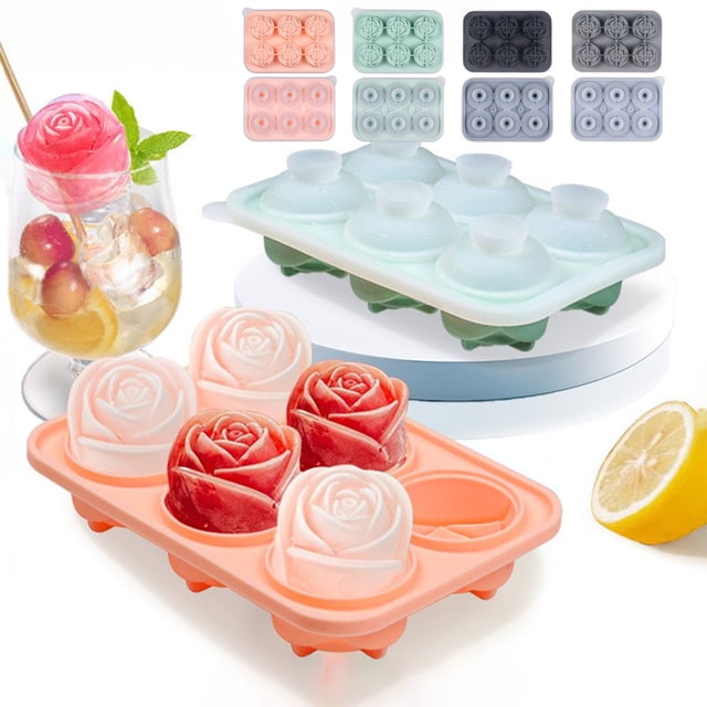 Bandeja de cubitos de hielo de rosa con tapa - molde de silicona en forma de rosa de 1,65 pulgadas para whisky, cócteles, café y agua - rosa, verde, gris