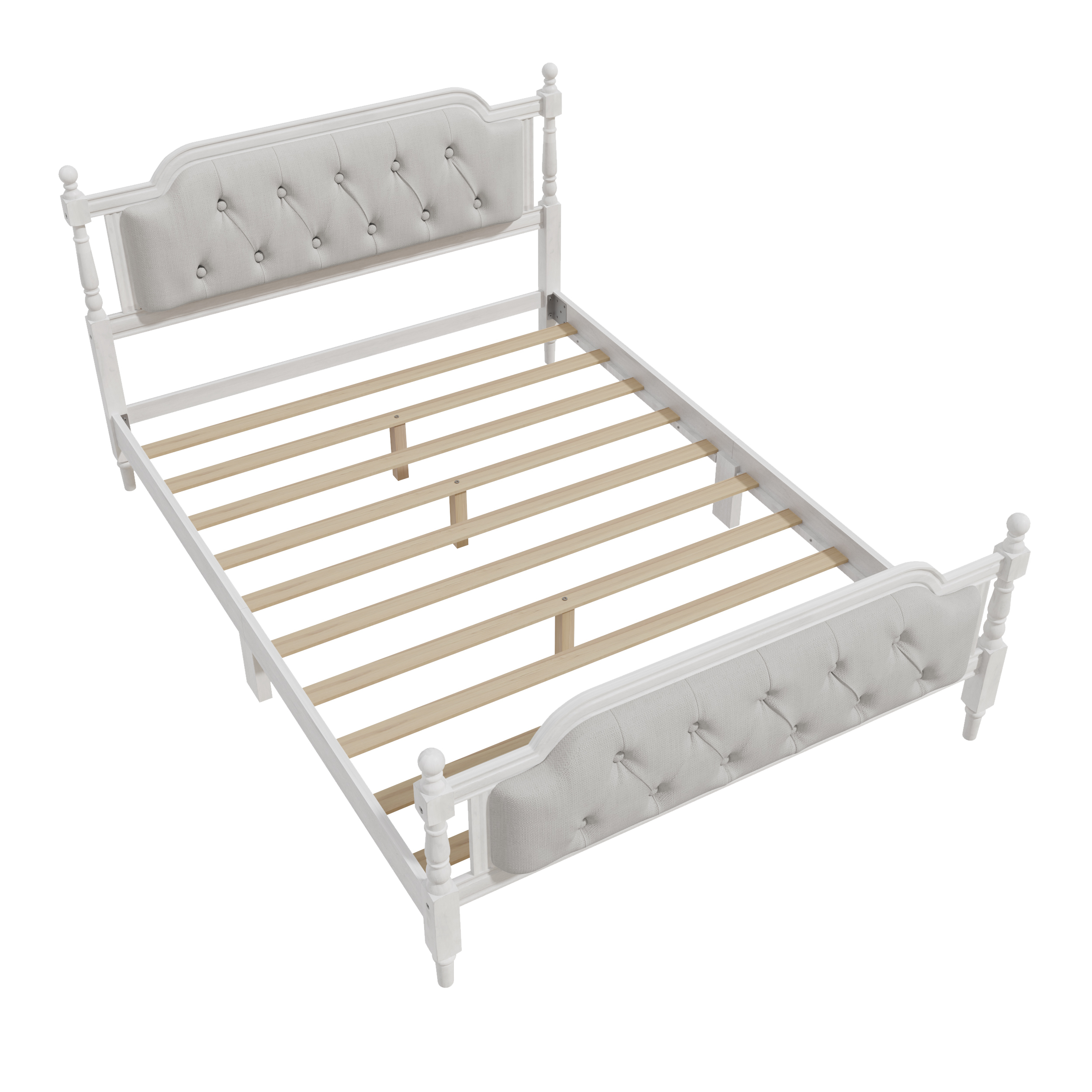 Euroco Traditional Wood Full Size Platform Bed with Upholstered Tufted Headboard, Antique White