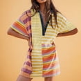 thumbnail image 2 of Daiosportswear Robe d'Été en Denim pour Femmes avec Col, Design à Demi-Bouton, Robe à Rayures Patchwork, Robe Polo Décontractée à Manches Courtes Bouffantes, Robe à Manches Courtes pour Femmes Jaune 4(S), 2 of 6