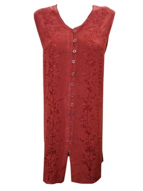 Mogul Women's Shift Dress Red Sleeveless Stonewashed Rayon Embroidered Midi Dresses