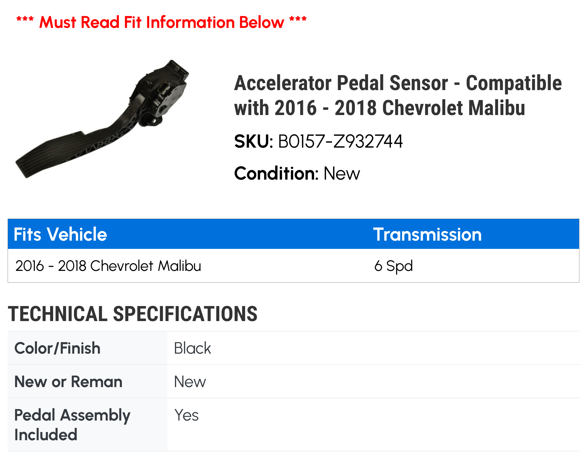 2016 - 2018 Chevy Malibu Compatible Black Accelerator Pedal