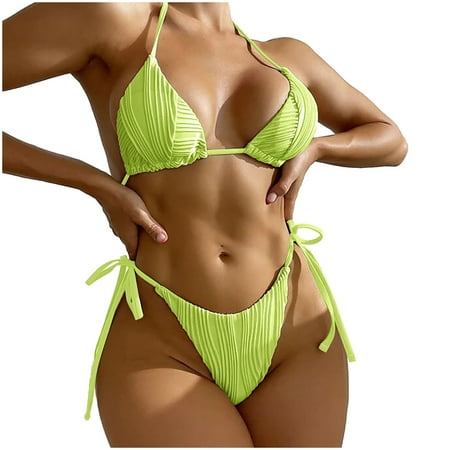 Gubotare Women Two Piece Sexy Bikini Set Halter Padded Top and Tie Thong Triangle Bikini Swimsuit Green XL