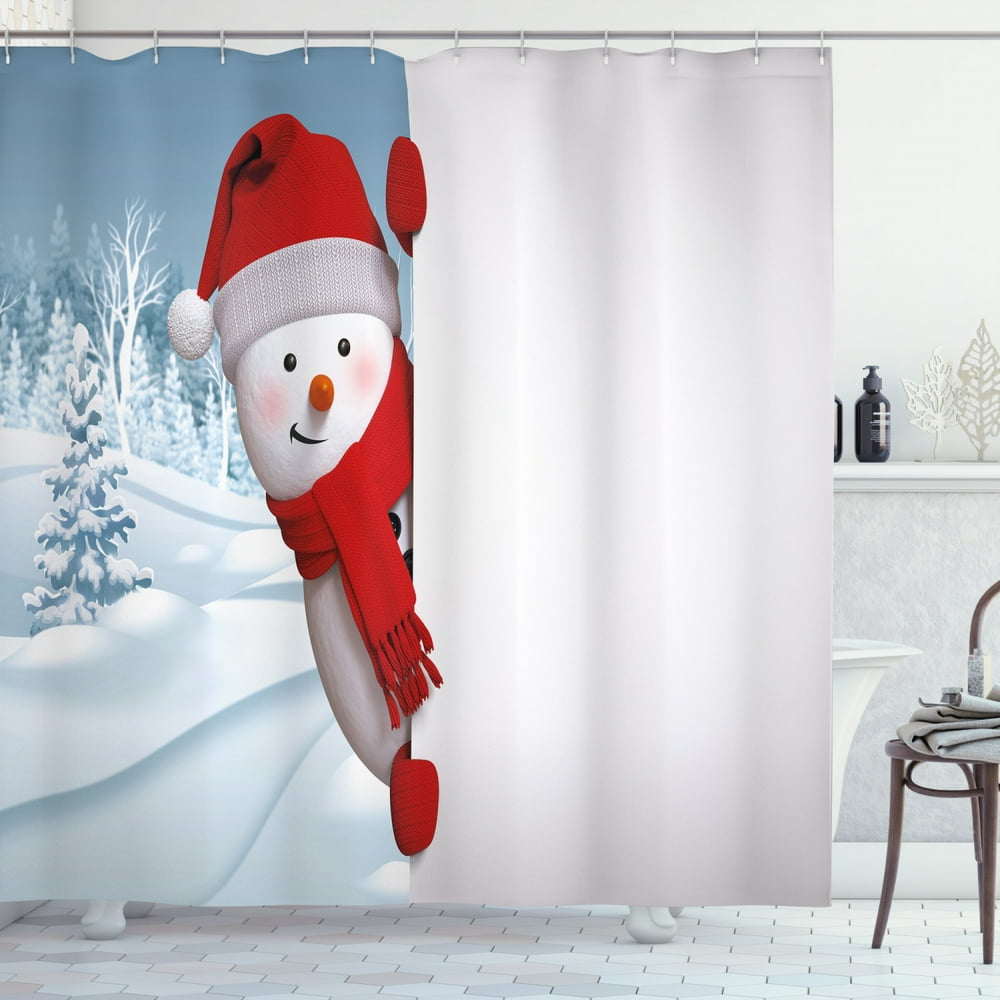 Snowman Shower Curtain, Funny Peeking Character with Snow Covered Fir