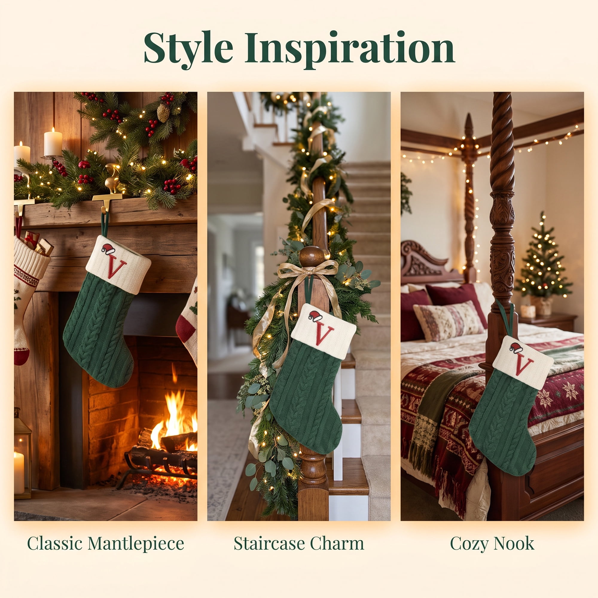 Unique Bargains Christmas Luxury Grand Hearth Accent Stocking Green Letter V 8"